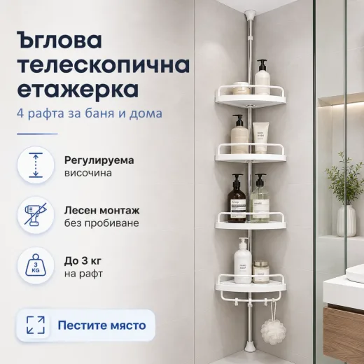 Телескопична ъглова етажерка за баня с 4 рафта