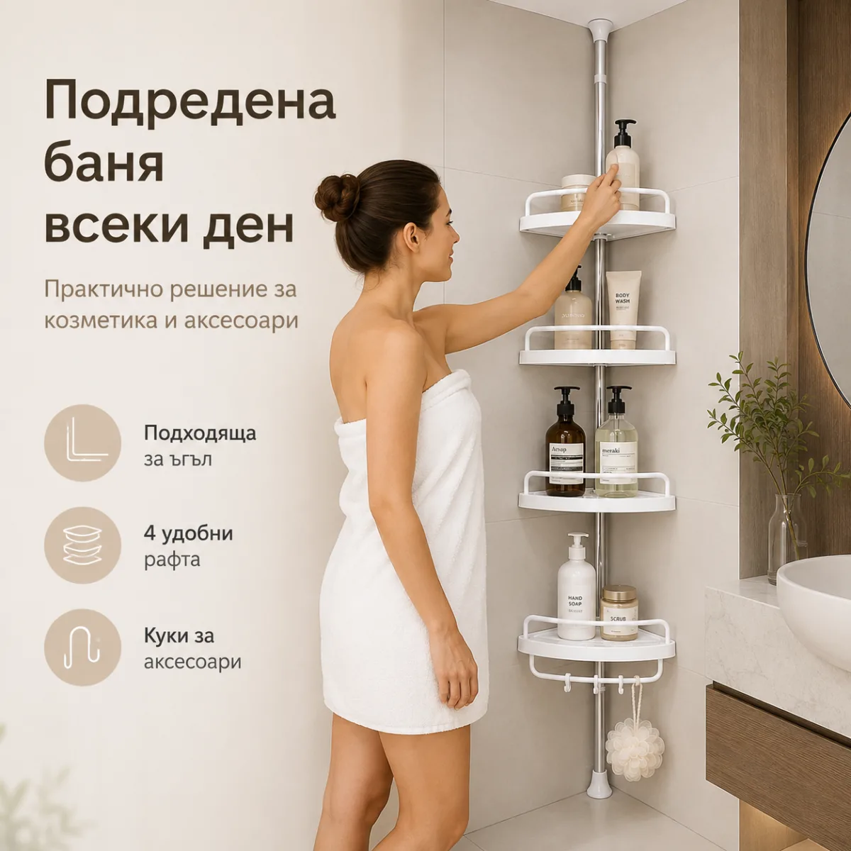 Телескопична ъглова етажерка за баня с 4 рафта