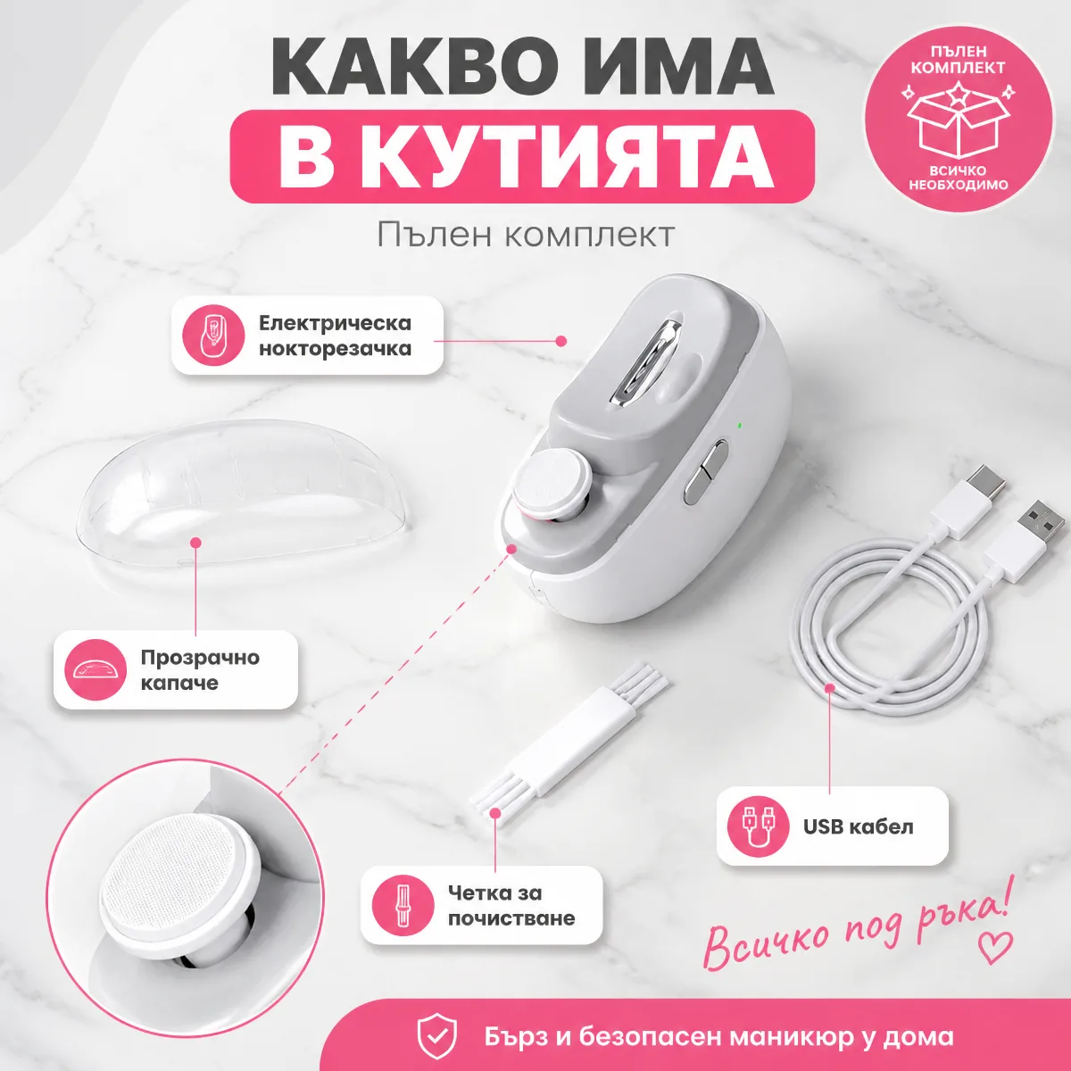 Електрическа мултифункционална нокторезачка с полир — какво има в кутията