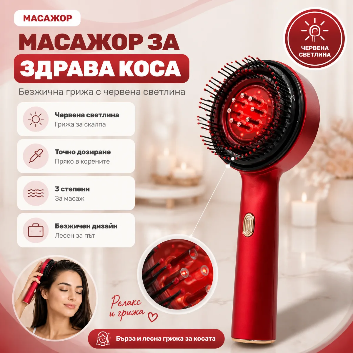 Електрически масажор за скалп с червена светлина — масажор за здрава коса