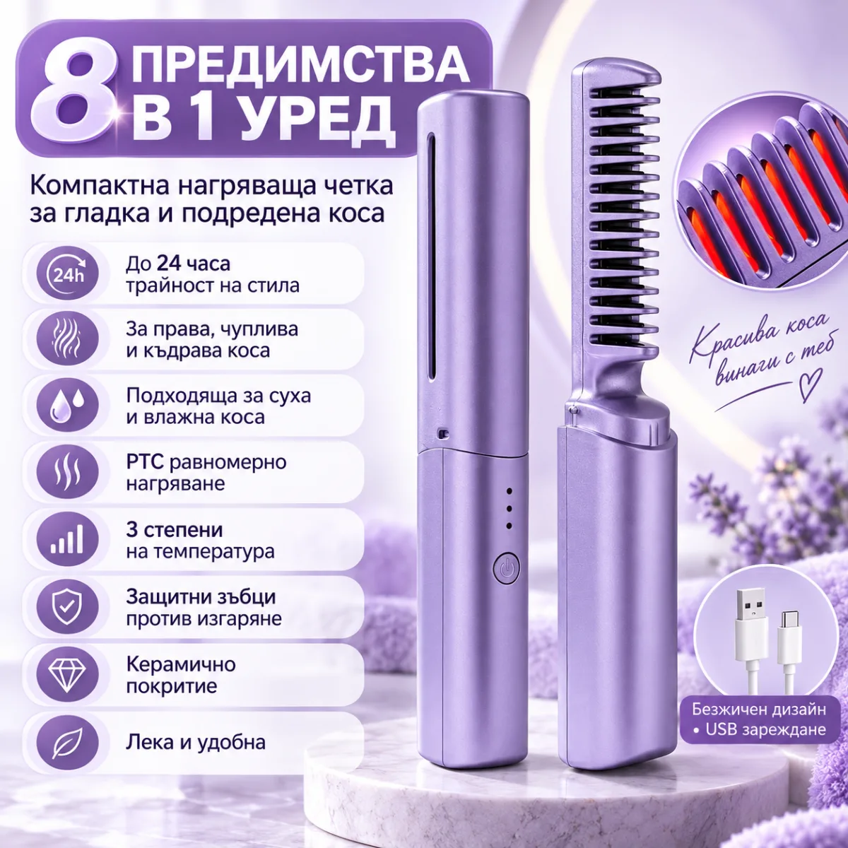 Мини безжична четка за изправяне на коса