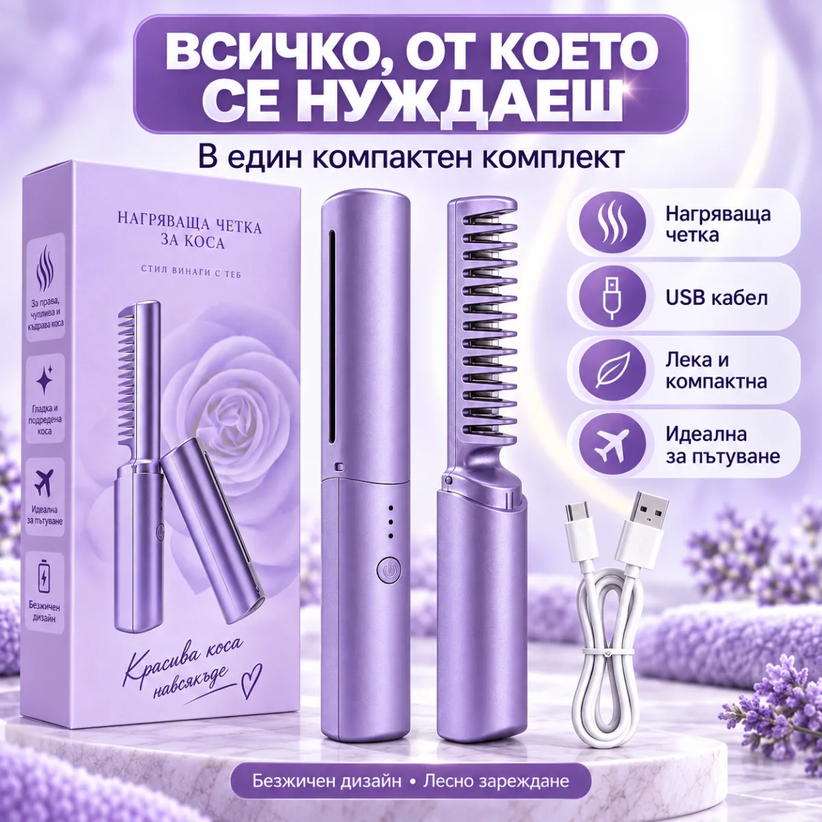 Мини безжична четка за изправяне на коса