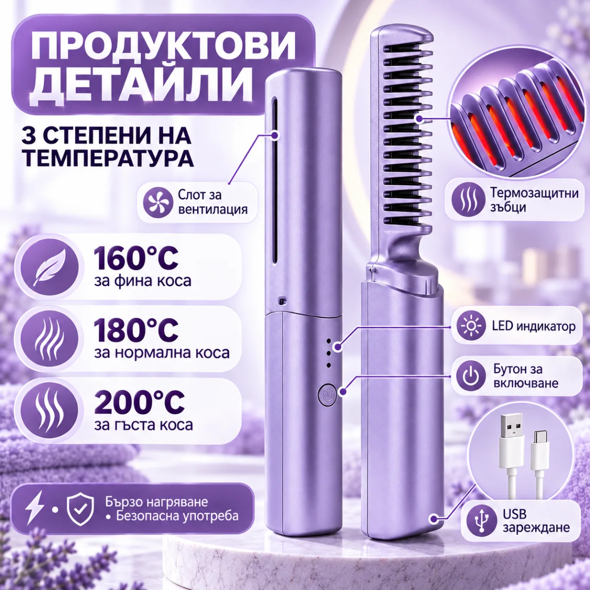 Мини безжична четка за изправяне на коса