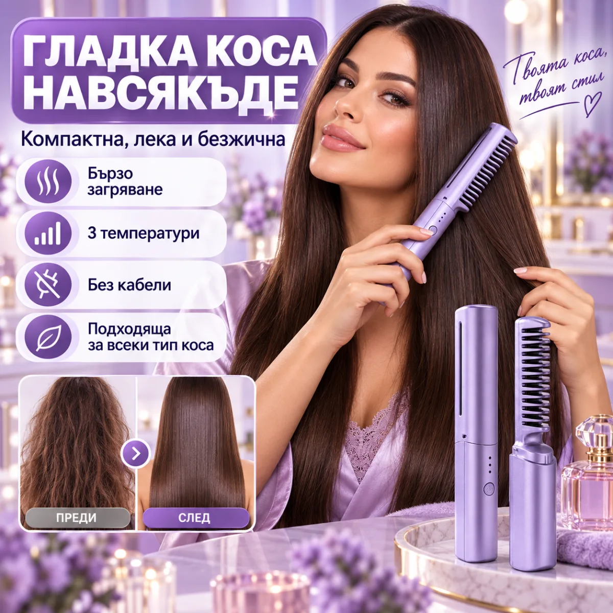 Мини безжична четка за изправяне на коса